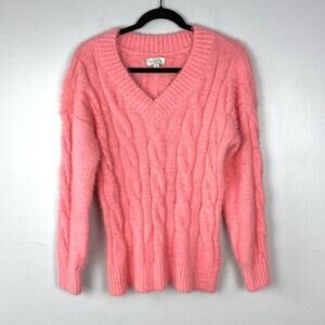 Lucky Brand Plush V-neck Pullover Sweater Bright Pink‎ Long Sleeve Size Small